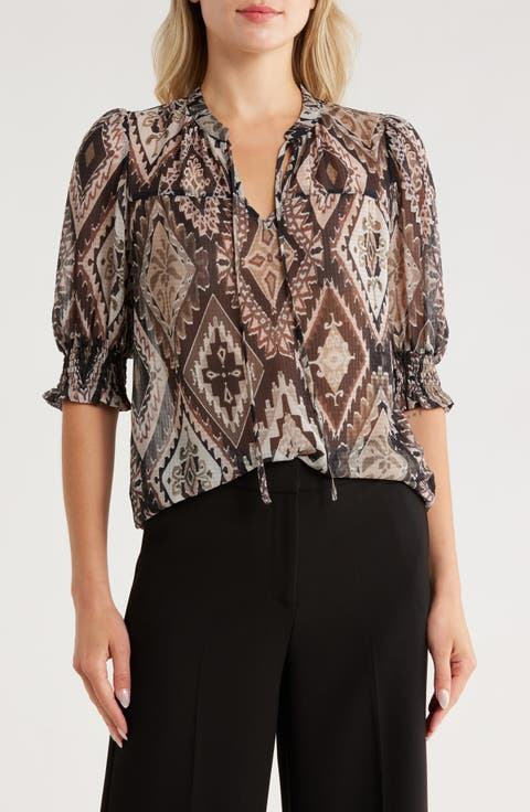 Tie Neck Puff Sleeve Printed Top
