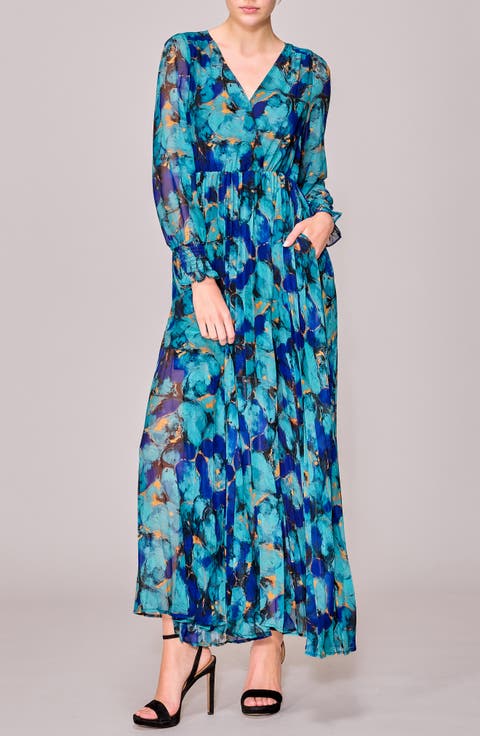 Surplice Neck Long Sleeve Pleated Maxi Dress
