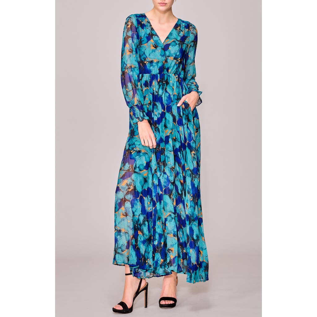 Melloday Surplice Neck Long Sleeve Pleated Maxi Dress