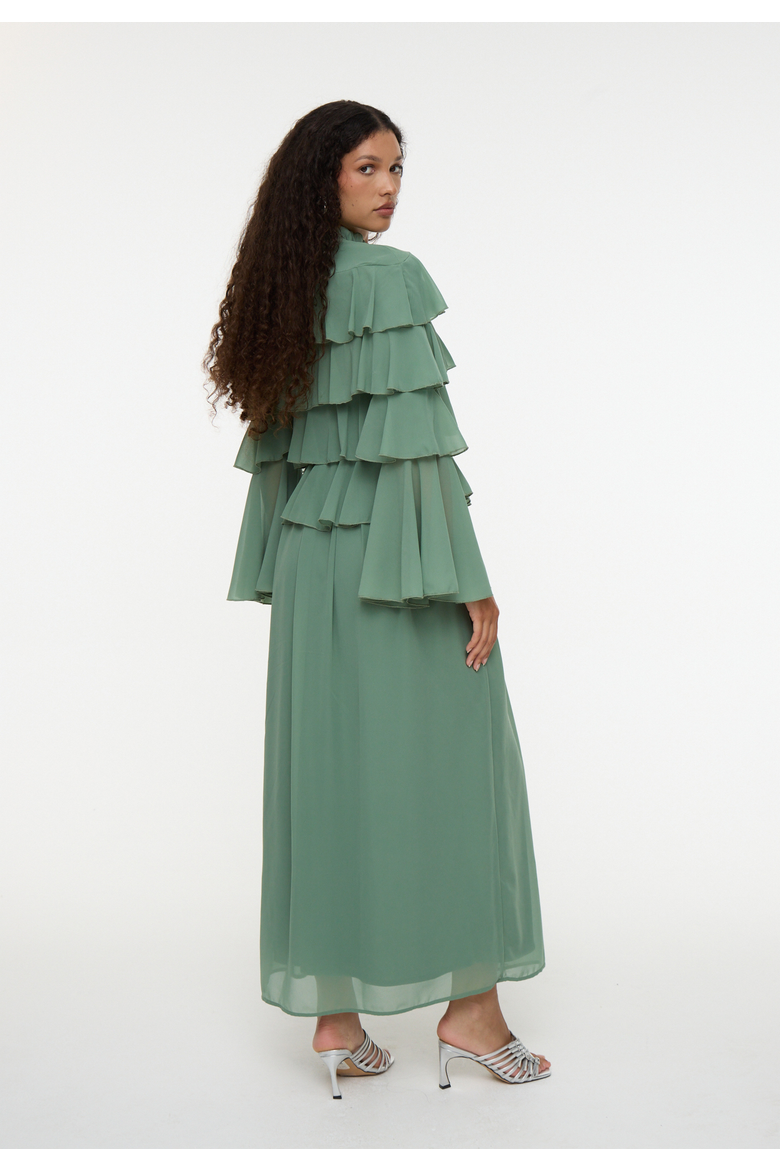 Modest Ruffle Chiffon Dress Maxi With Designer Sleeve, Alternate, color, GREEN