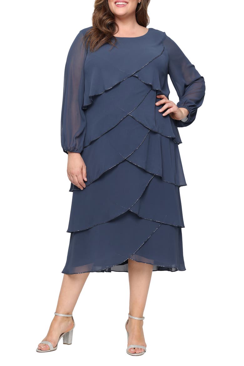 Bead Detail Long Sleeve Chiffon Cocktail Dress, Main, color, SLATE