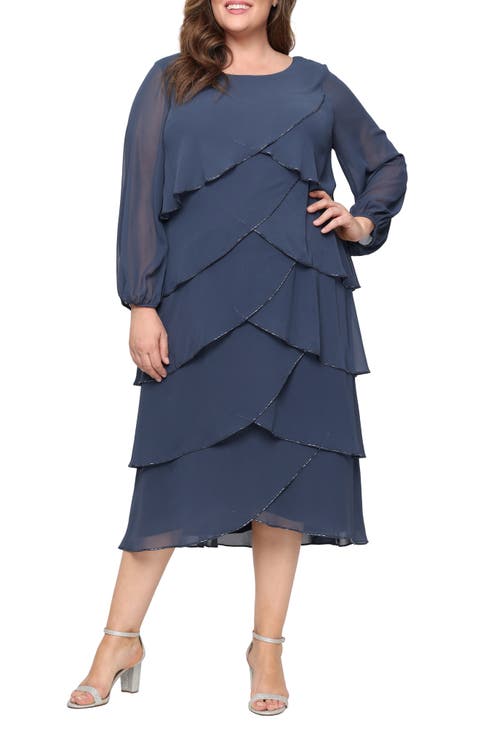 Bead Detail Long Sleeve Chiffon Cocktail Dress (Plus)