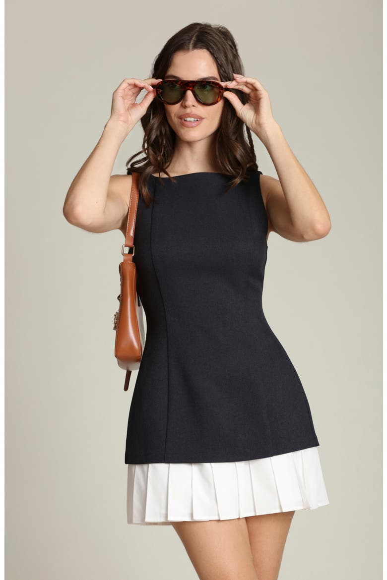 Pleated Drop Waist Mixed Media Minidress, Alternate, color, NAVY AND WHITE