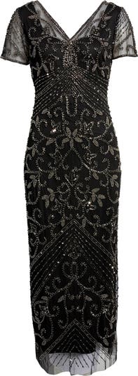 Beaded Mesh Column Gown