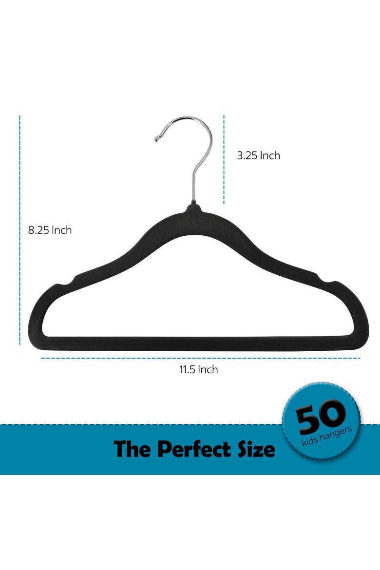 50 Piece Kids Non-Slip Velvet Cloths Hangers with Notched Shoulders, Alternate, color, Black