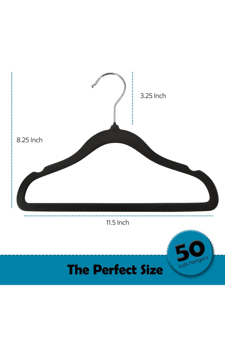 Elama Home 50 Piece Kids Non-Slip Velvet Cloths Hangers with Notched Shoulders, Alternate, color, Black