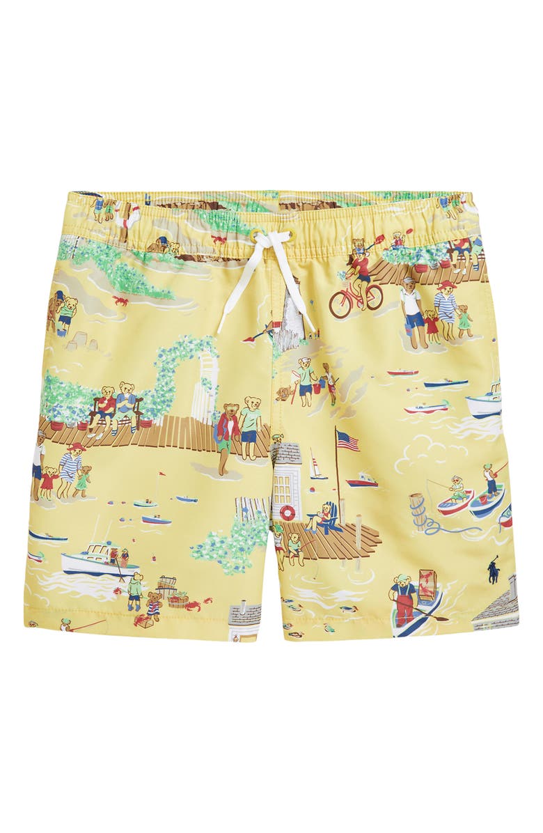 Polo Ralph Lauren Kids' Traveler Polo Bear Print Recycled Polyester Swim Trunks, Main, color, 
