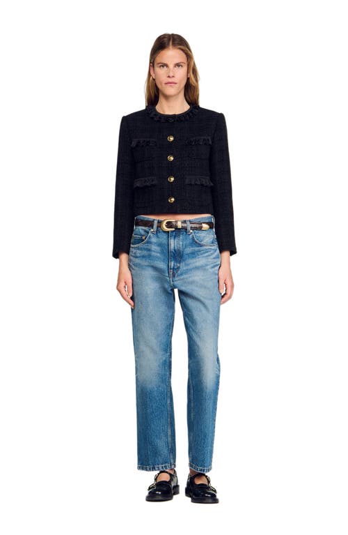 Sandro Ruffled Tweed Jacket In Black