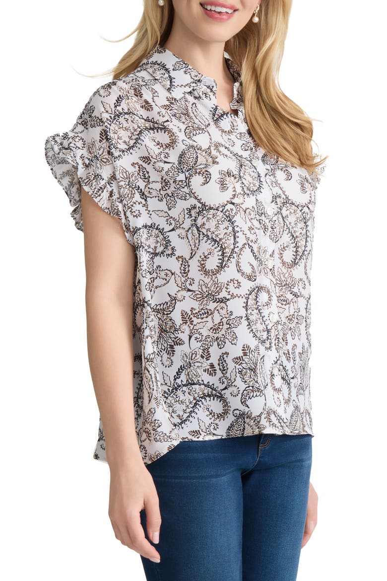 Print Ruffle Sleeve Shirt, Alternate, color, WHITE SAND MULTI
