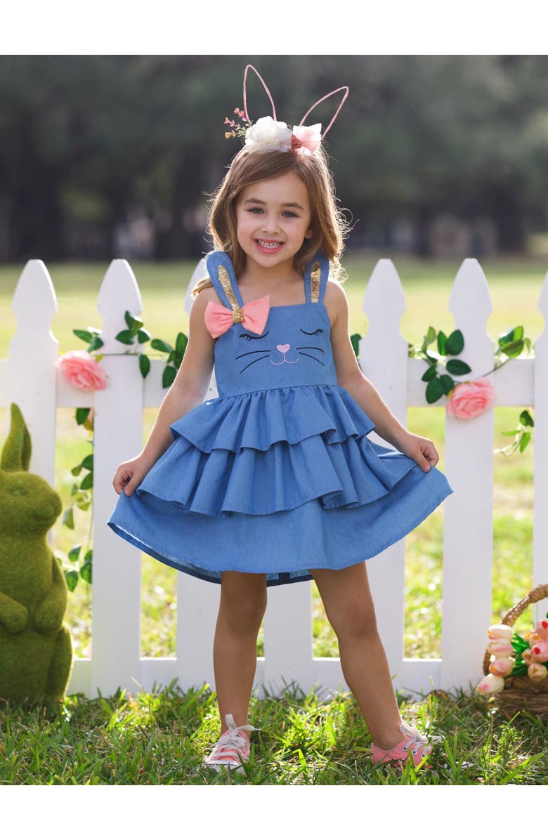 Mia Belle Girls Girls Bunny Dreams Ruffle Denim Easter Dress, Alternate, color, Blue