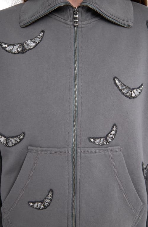 Zadig & Voltaire Milly Sequin Wings Zip-up Cotton Fleece Jacket In Gray