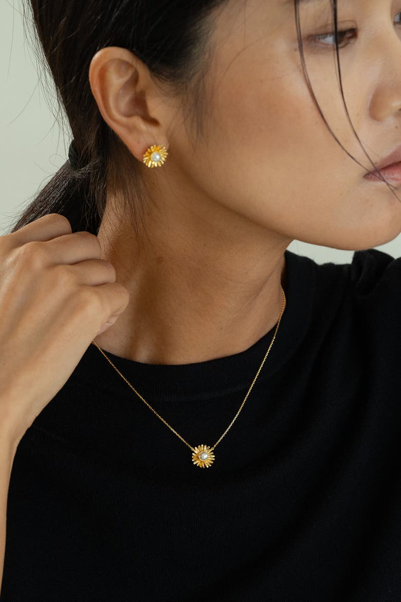 Sterling Silver 18k Gold Plated Flora Pearl Necklace & Earring Set Dainty, Alternate, color, Gold
