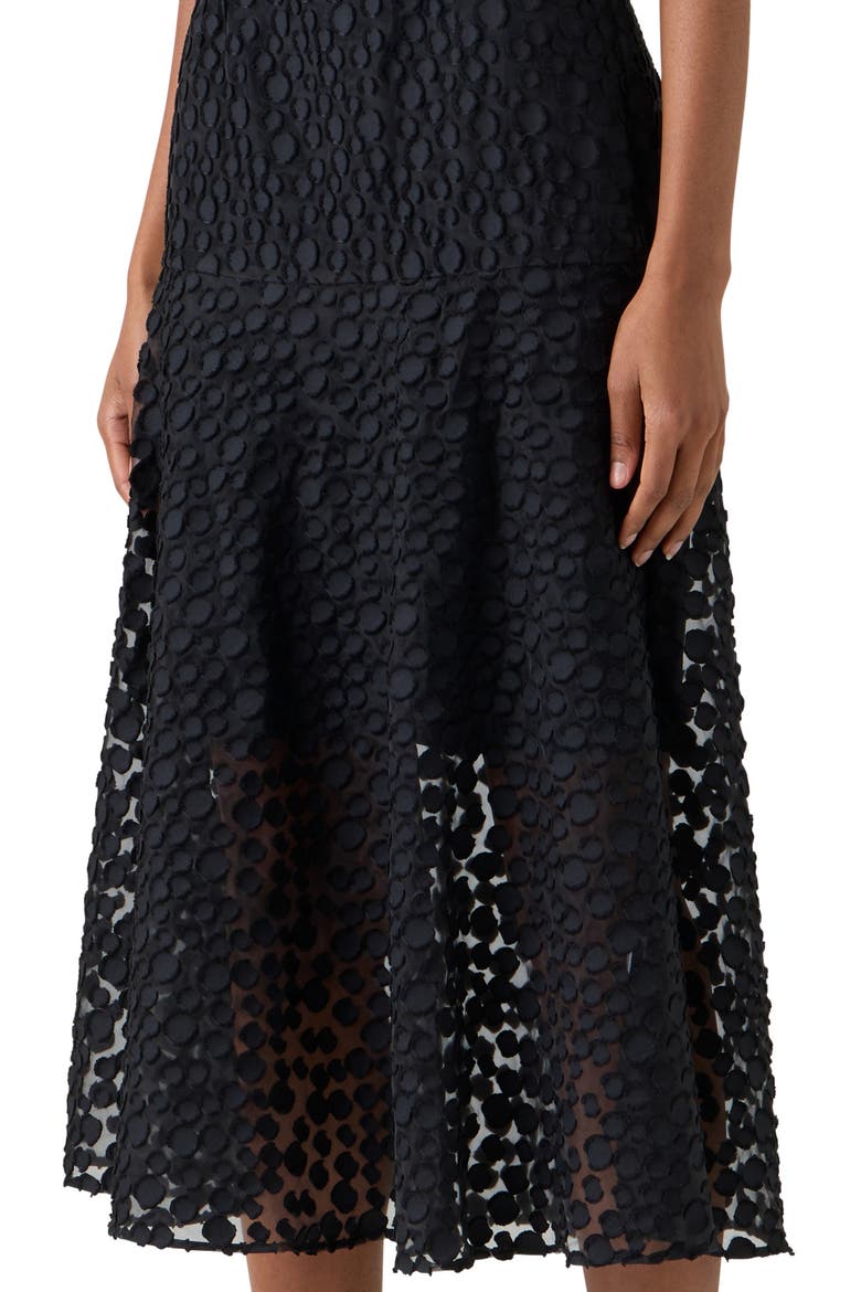 Devoré Dot Organza Flounce Midi Dress, Alternate, color, BLACK