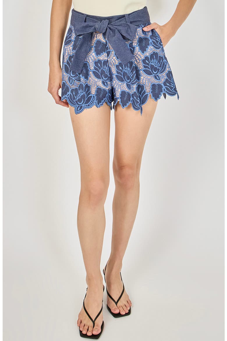 Scalloped Hem Lace High Waist Shorts, Main, color, DARK NAVY