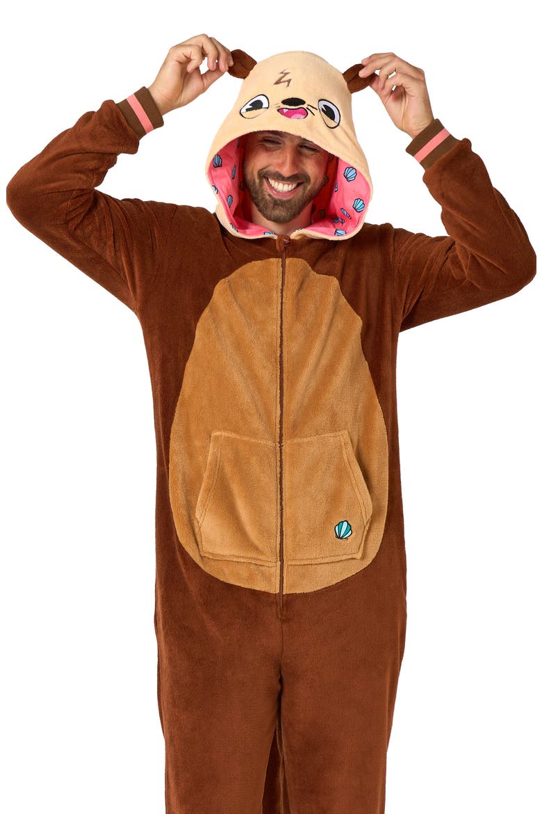 Otter Hooded Fleece Costume Jumpsuit, Alternate, color, BEIGE