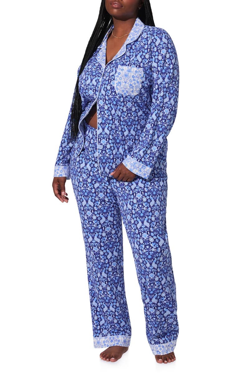 BedHead Pajamas Print Long Sleeve Stretch Organic Cotton Jersey Pajamas, Alternate, color, Bloomscape Blue