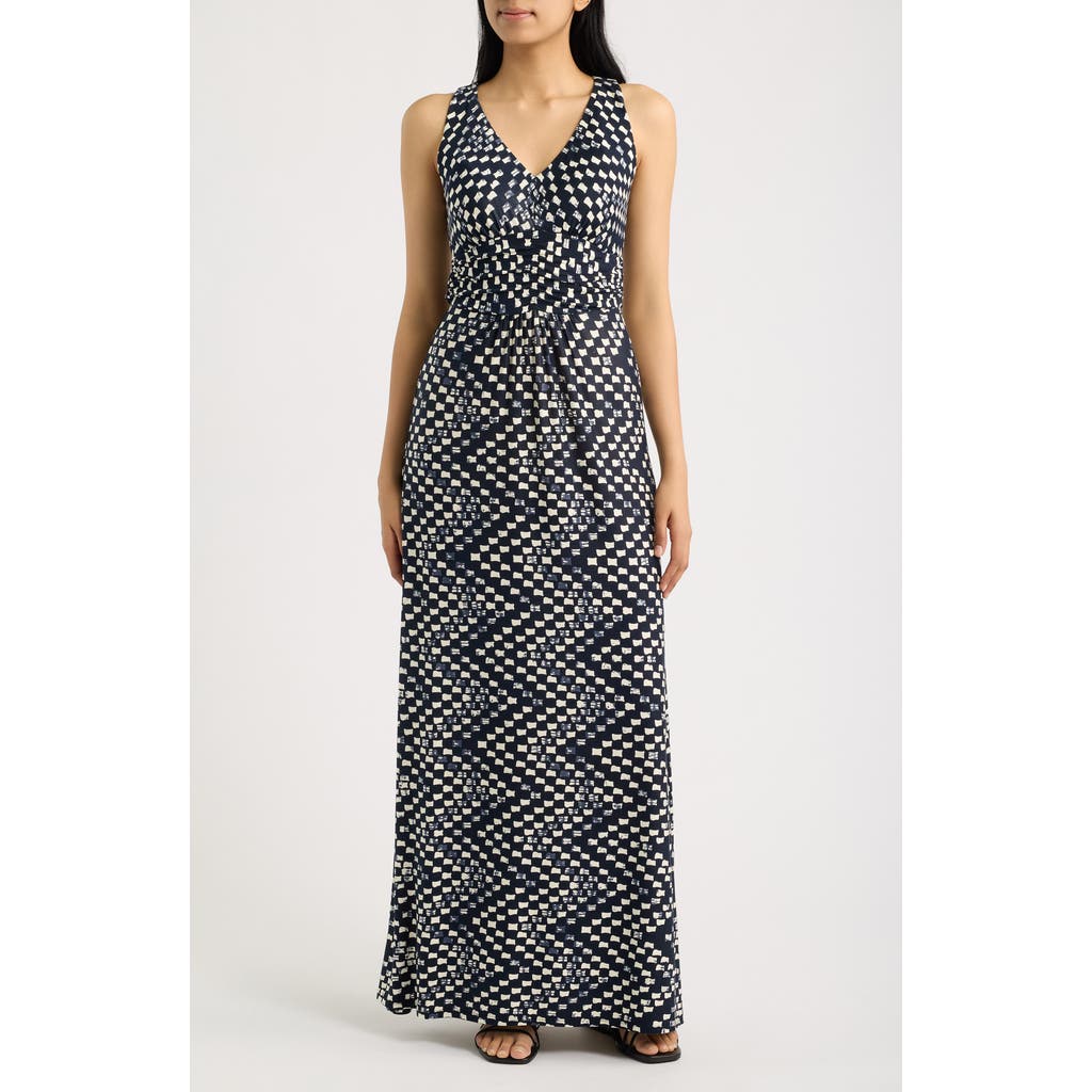 Loveappella Ruched Empire Waist Maxi Dress in Black/ivory at Nordstrom, Size X-Large