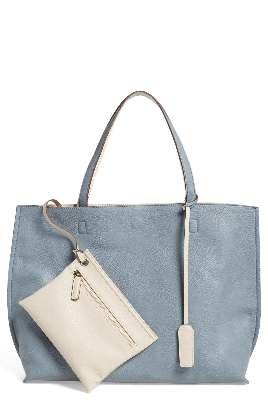Reversible Faux Leather Tote & Wristlet, Main, color, BLUE/ STONE
