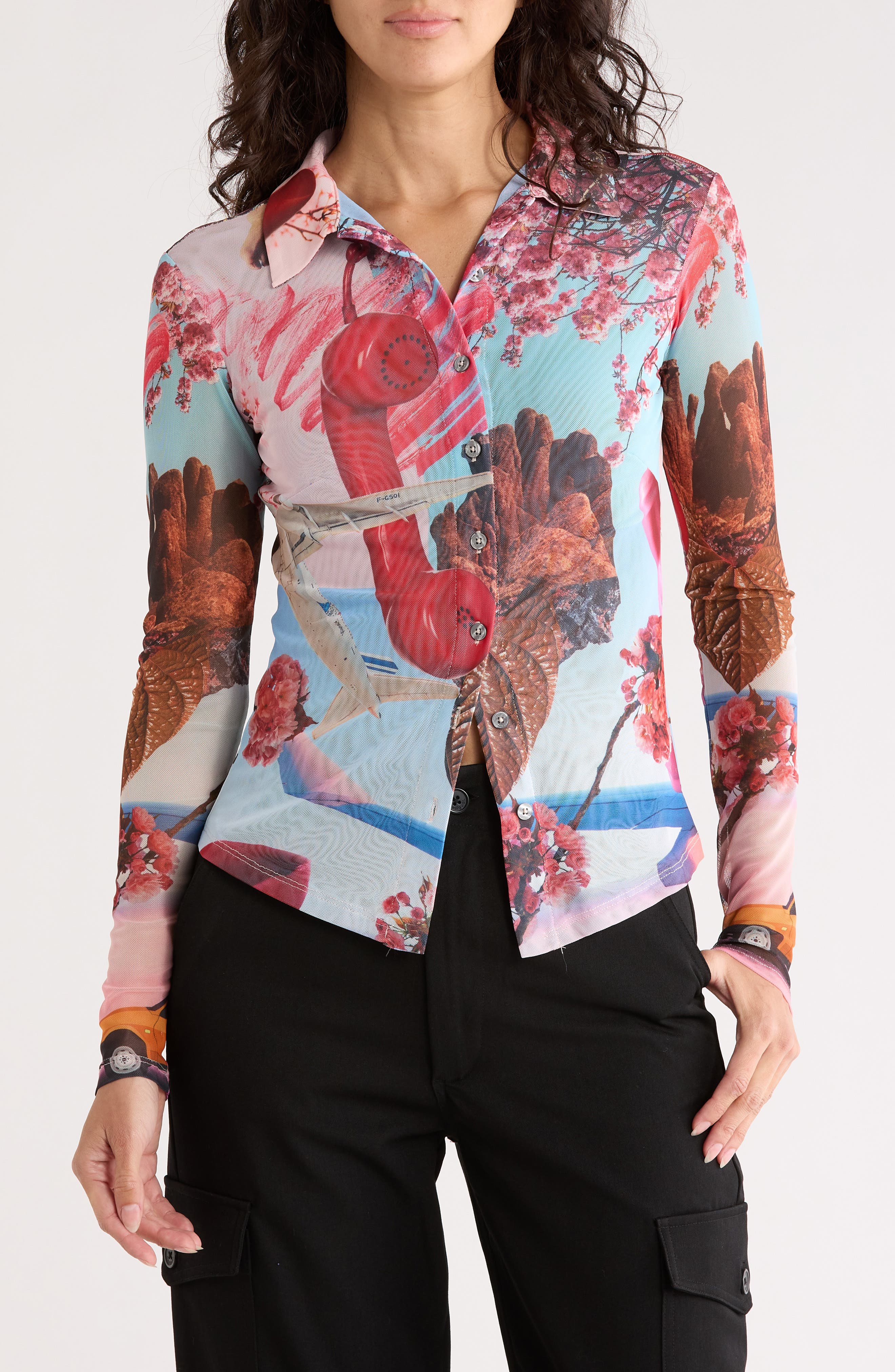 Desigual Long Sleeve Mesh Button-Up Shirt