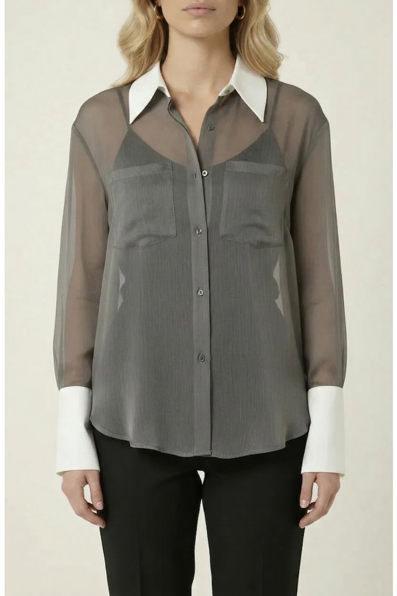 Sheer Button-Up Contrast Collar and Cuff Detail Blouse, Main, color, Charcoal Grey