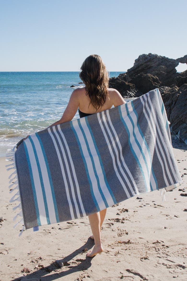Cove Striped Organic Turkish Towel with Soft Terry Cloth Back, Alternate, color, Black and Turquoise
