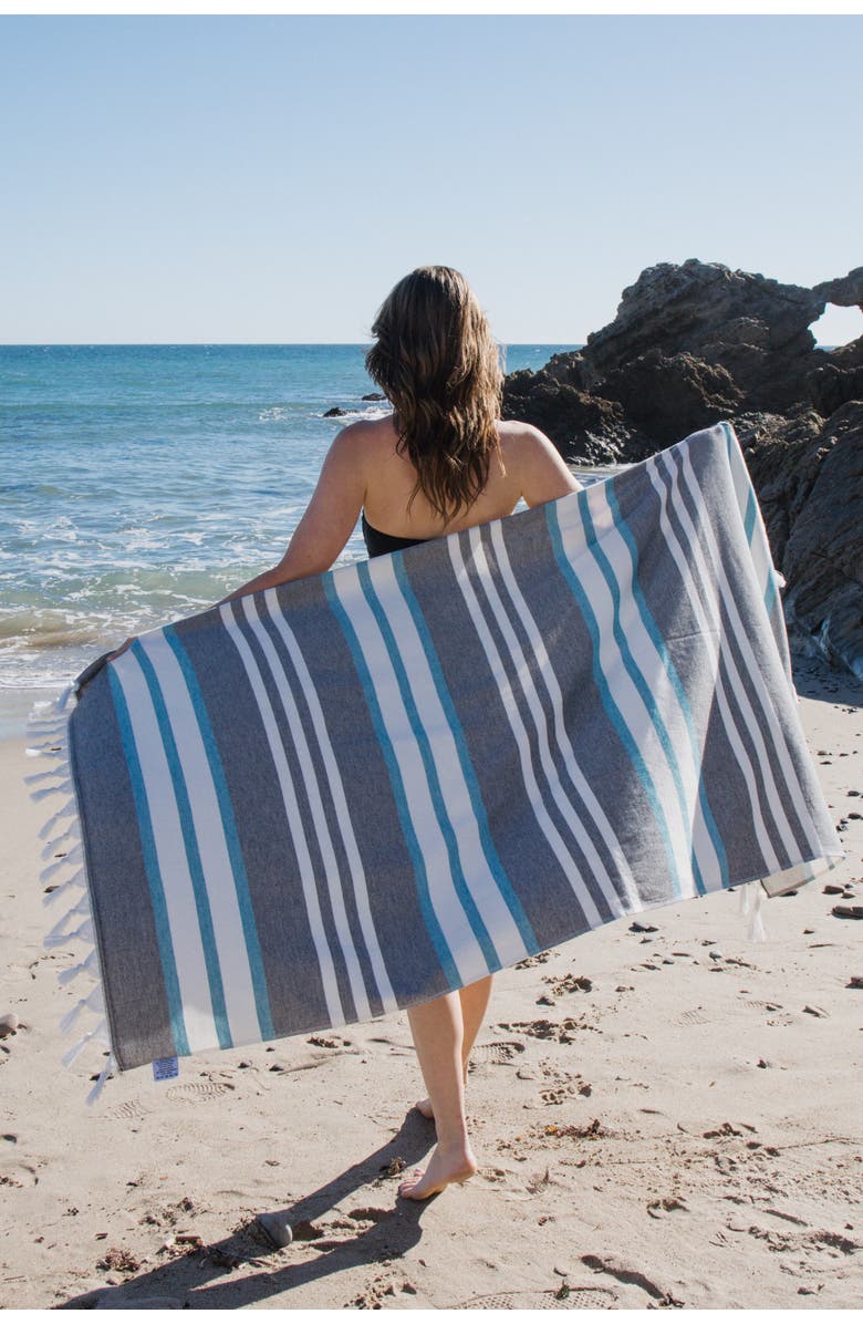 InfuseZen Cove Striped Organic Turkish Towel with Soft Terry Cloth Back, Alternate, color, Black And Turquoise