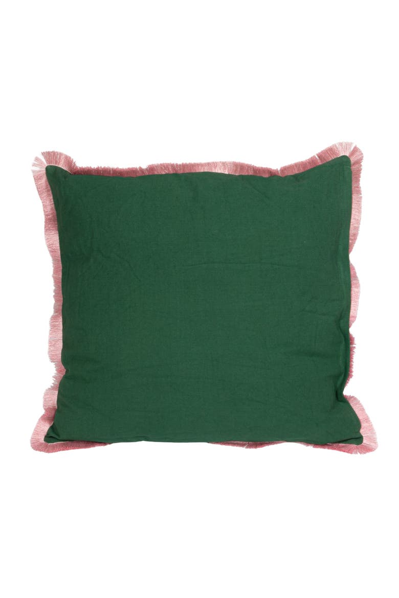 Cotton Blend Velvet Printed Pillow with Floral Pattern and Eyelash Fringe, Green, Pink and Orange Color, Alternate, color, Green