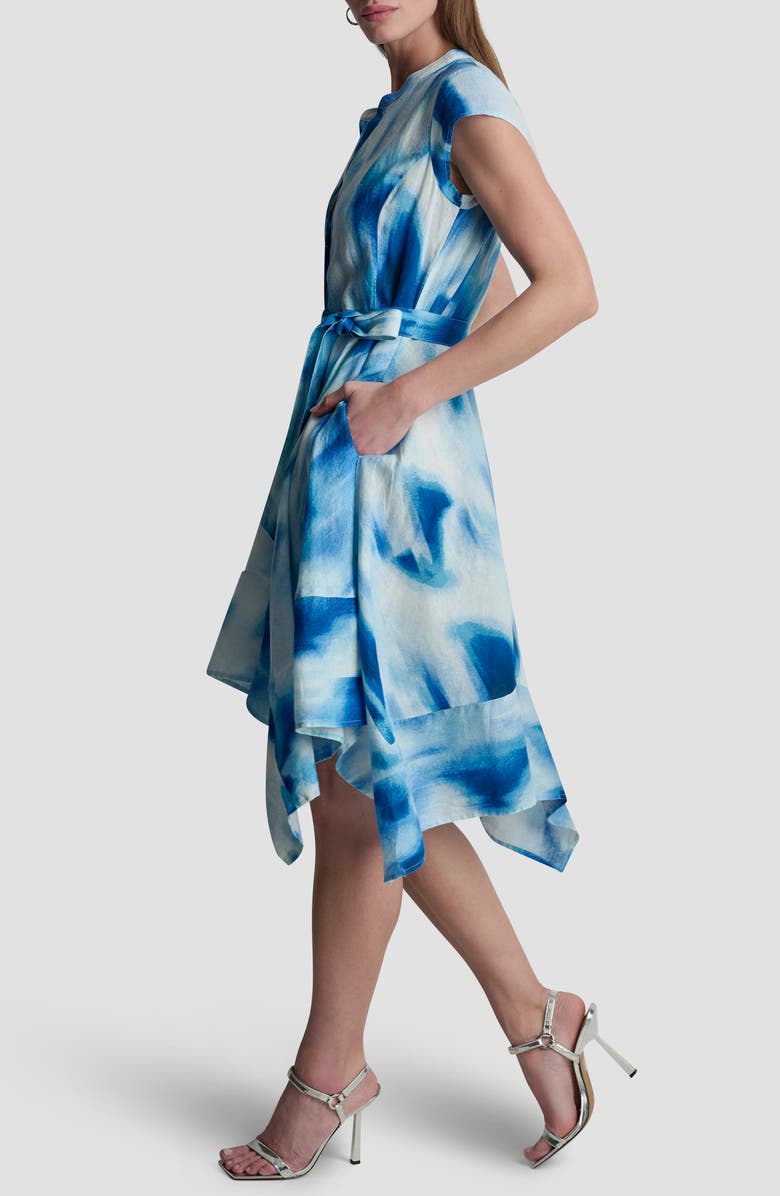DKNY Abstract Print Asymmetric Hem Linen Dress, Alternate, color, Misted Surf
