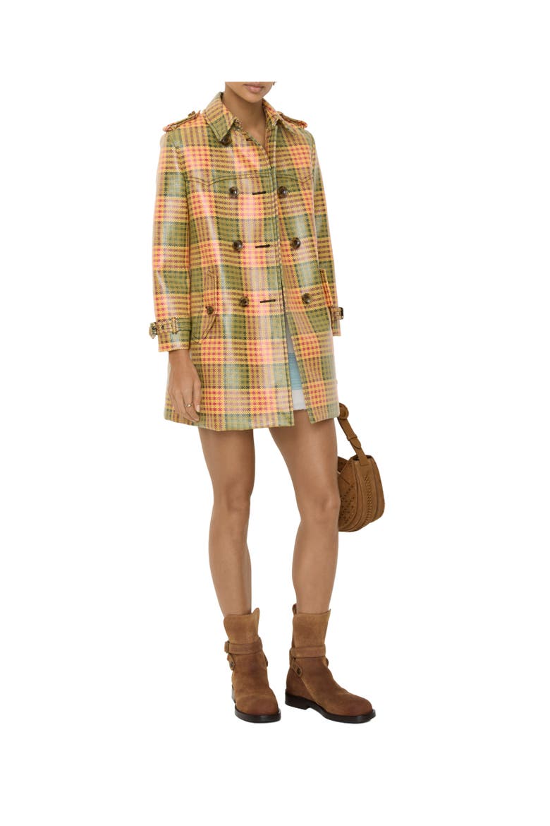 Short Check Coated Raffia-effect Summerside Trench Coat, Alternate, color, CHROME YLW/ POMEGRNTE