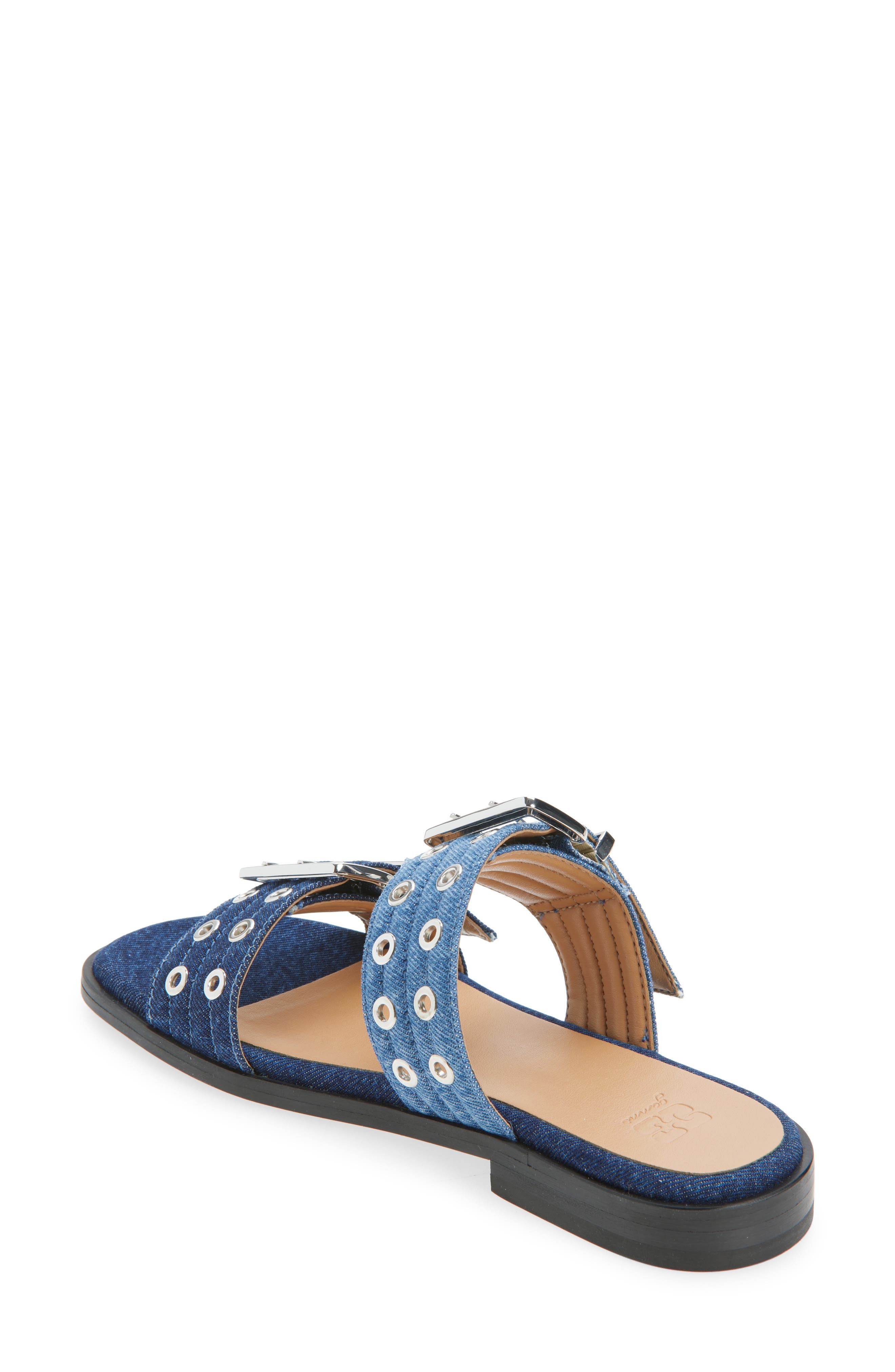 Ganni Feminine Buckle Strap Denim Slide Sandal, Alternate, color, Mid Blue Vintage