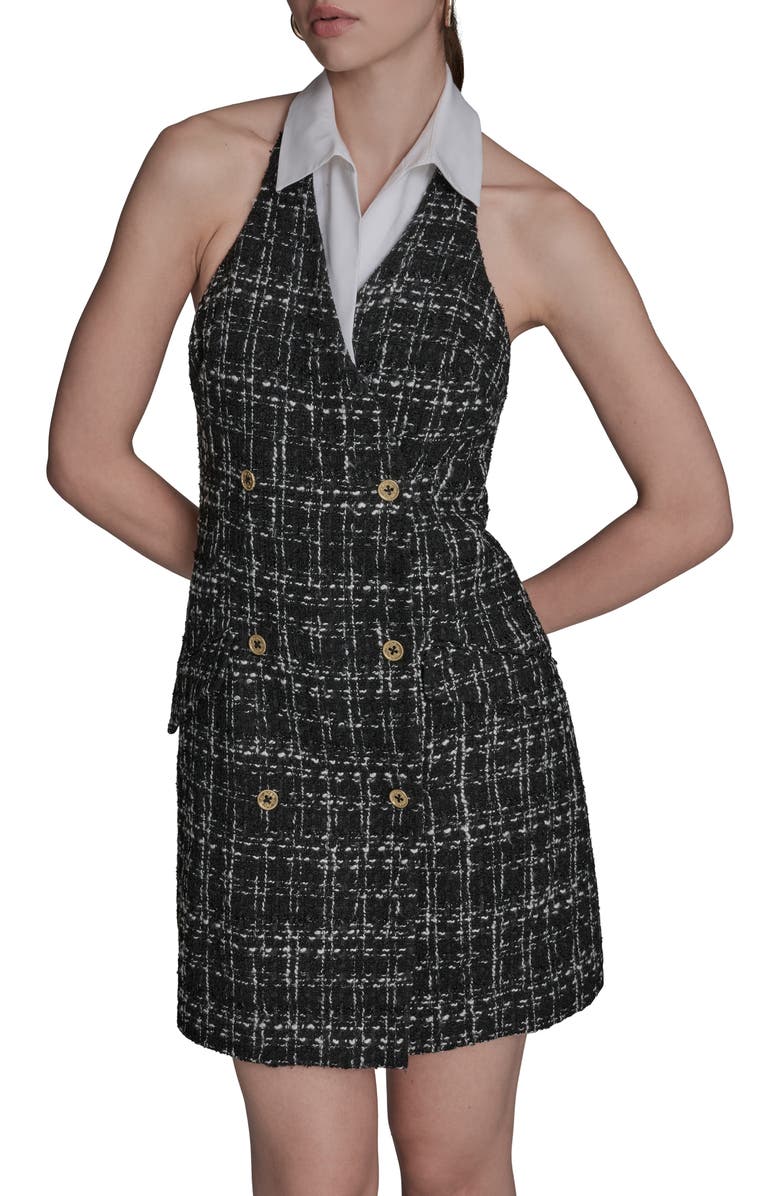 BCBG Tweed Halter Neck Dress, Alternate, color, Black Multi