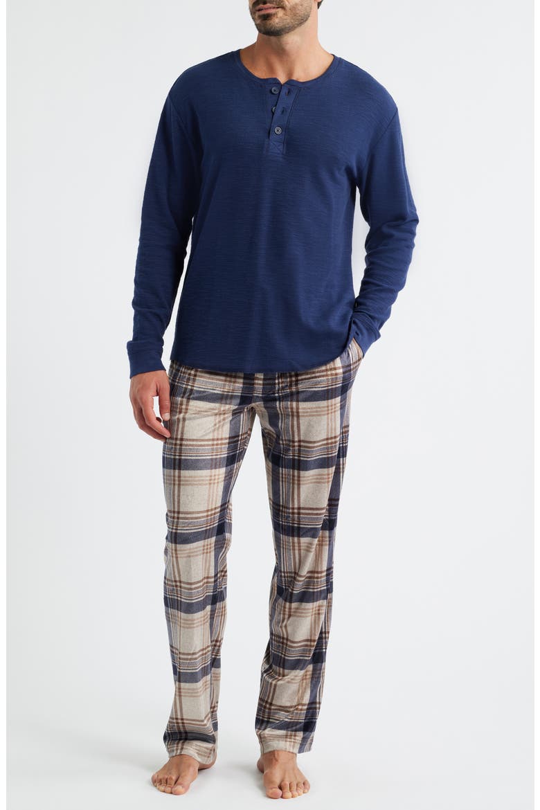 Crossroads Long Sleeve Henley & Plaid Fleece Pajama Pants Set, Main, color, COFFEE
