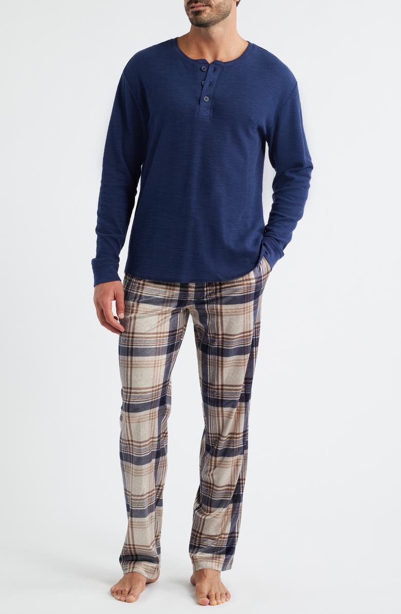 Majestic International Crossroads Long Sleeve Henley & Plaid Fleece Pajama Pants Set, Main, color, Coffee