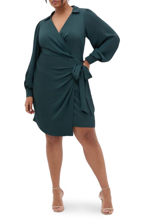 Genevieve Long Sleeve Faux Wrap Midi Dress (Plus)