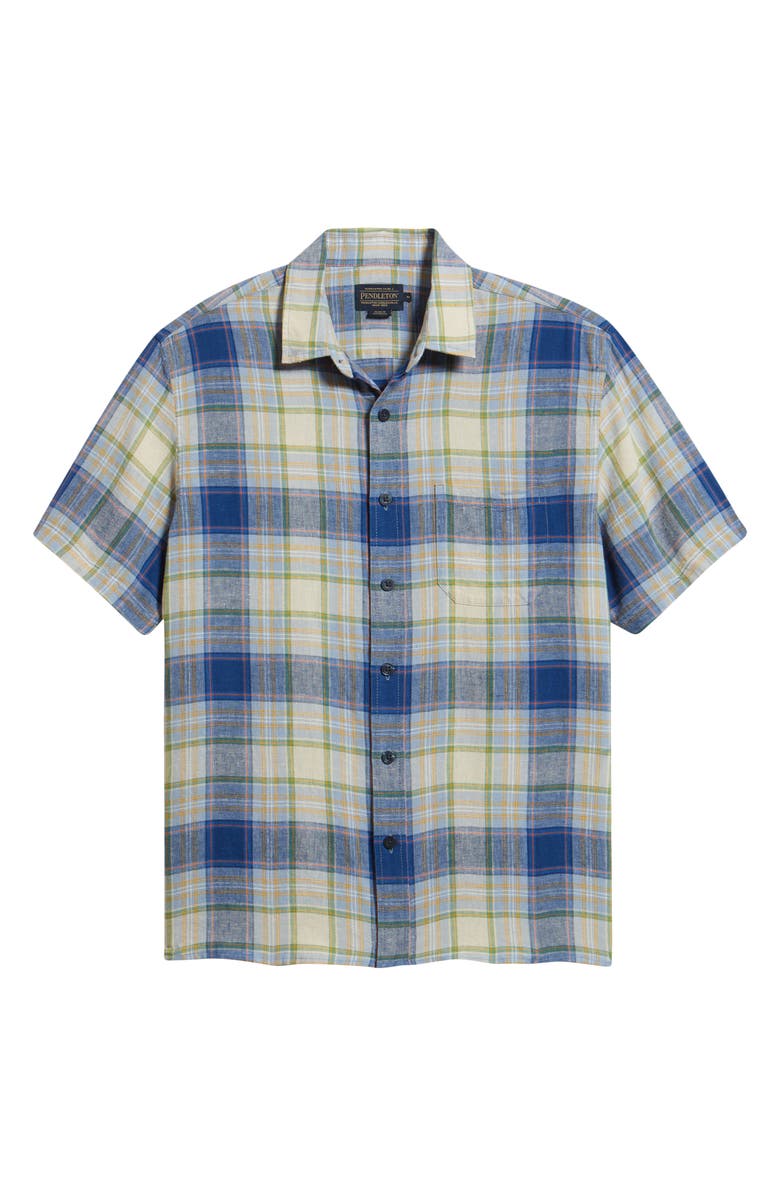 Pendleton Dawson Plaid Short Sleeve Linen Blend Button-Up Shirt, Main, color, Blue Multi Plaid
