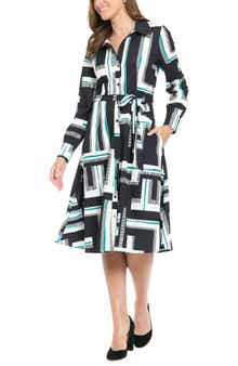 London Times Long Sleeve Shirtdress