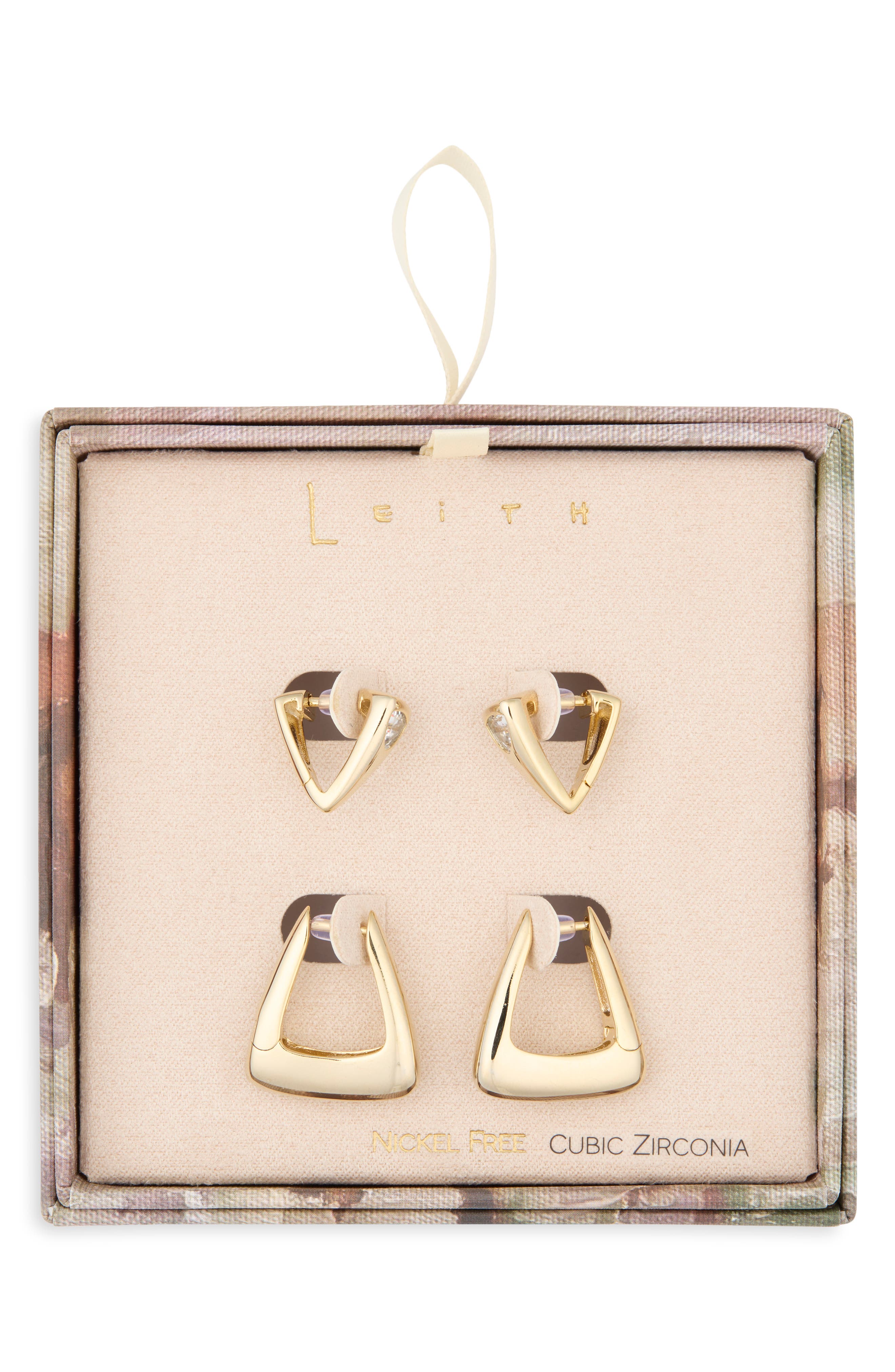 Leith Set Of 2 Cubic Zirconia Geometric Hoop Earrings In Gold