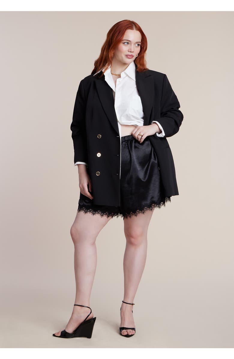 ELOQUII Satin Lace Trim Short, Alternate, color, Black Onyx