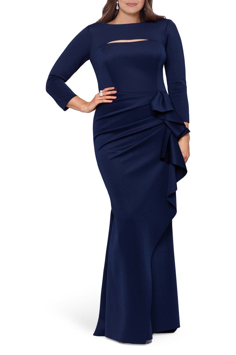 Cutout Wrap Skirt Long Sleeve Scuba Crepe Gown, Main, color, MIDNIGHT