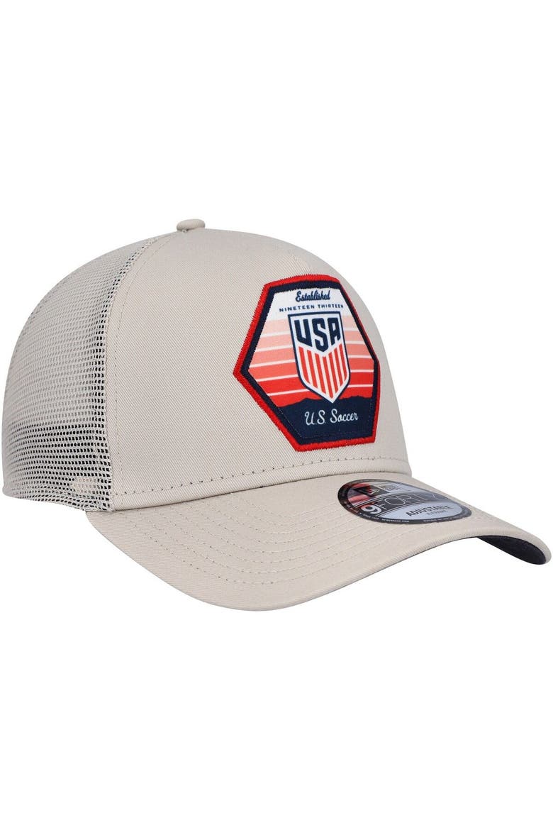 Men's New Era Khaki USMNT Established Patch 9FORTY A-Frame Trucker Adjustable Hat, Alternate, color, Khaki