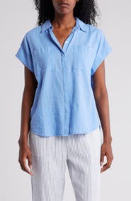 Caslon® Double Pocket Linen Blend Camp Shirt