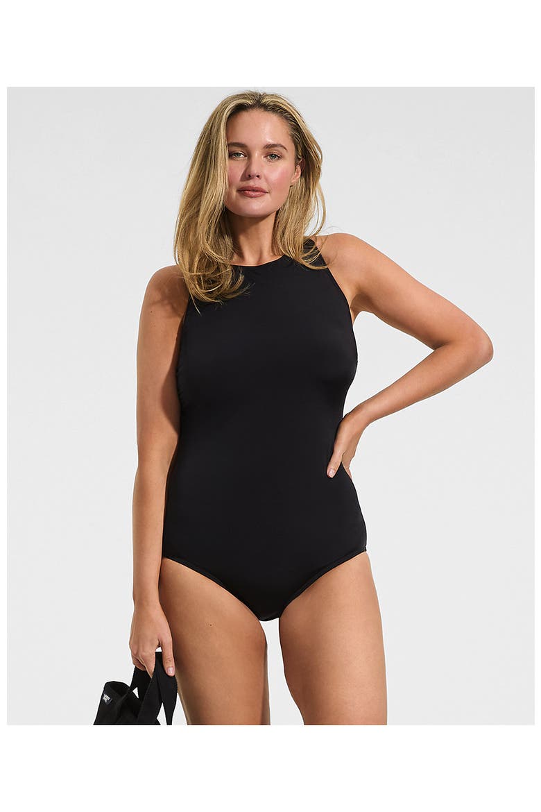 Tugless High Neck Portrait Back One Piece Swimsuit, Alternate, color, Black