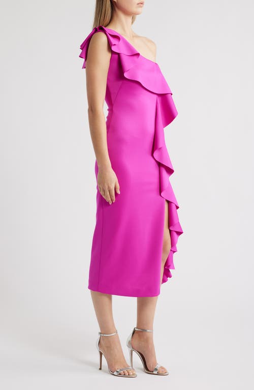 Black Halo Maris Ruffle One-shoulder Midi Dress In Vibrant Pink