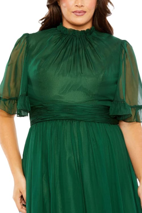 Mac Duggal High Neck Flutter Sleeve Ruffle Tiered High Low Plus Size Gown In Emerald