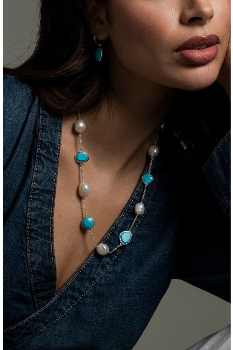 Turquoise Gemstone & Baroque Pearl Pebble Necklace, Alternate, color, Sterling Silver
