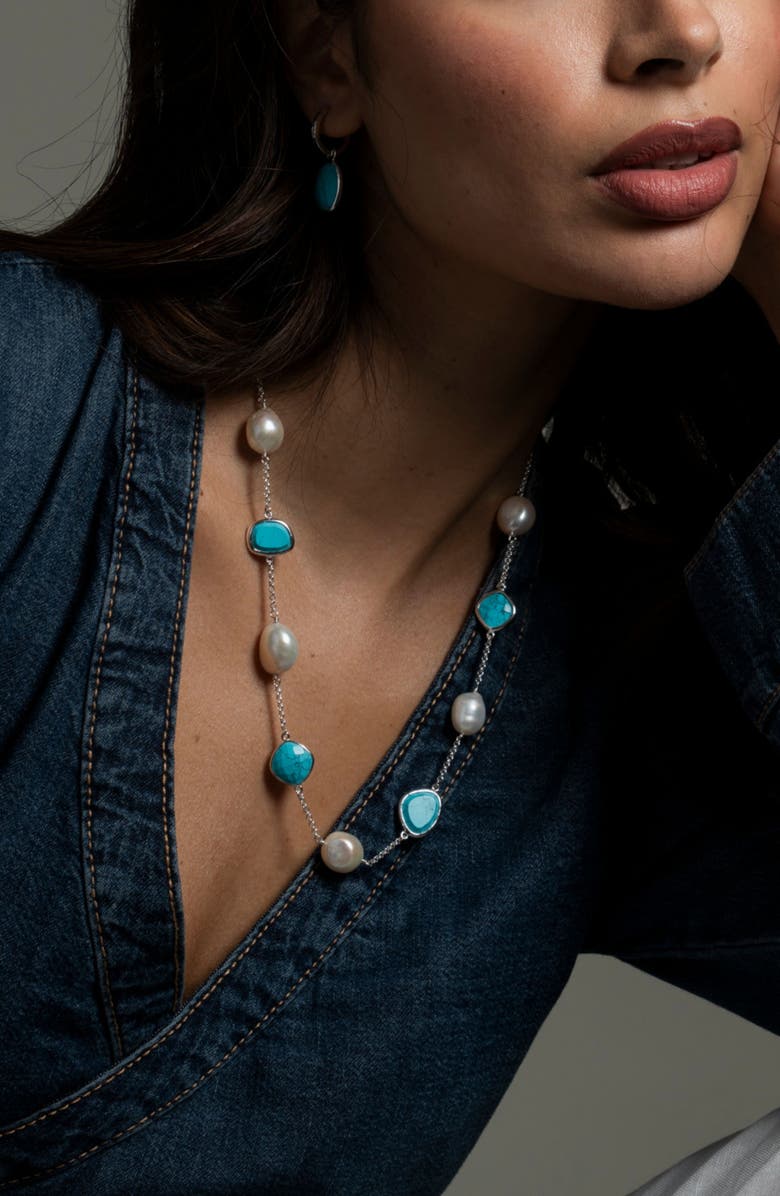 Dower & Hall Turquoise Gemstone & Baroque Pearl Pebble Necklace, Alternate, color, Sterling Silver