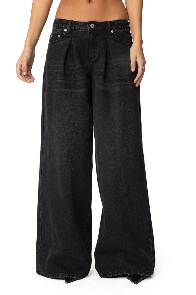 Pleated Low Rise Wide Leg Jeans, Main, color, BLACK