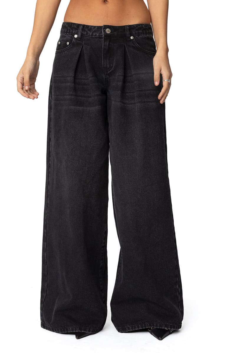EDIKTED Pleated Low Rise Wide Leg Jeans, Main, color, Black