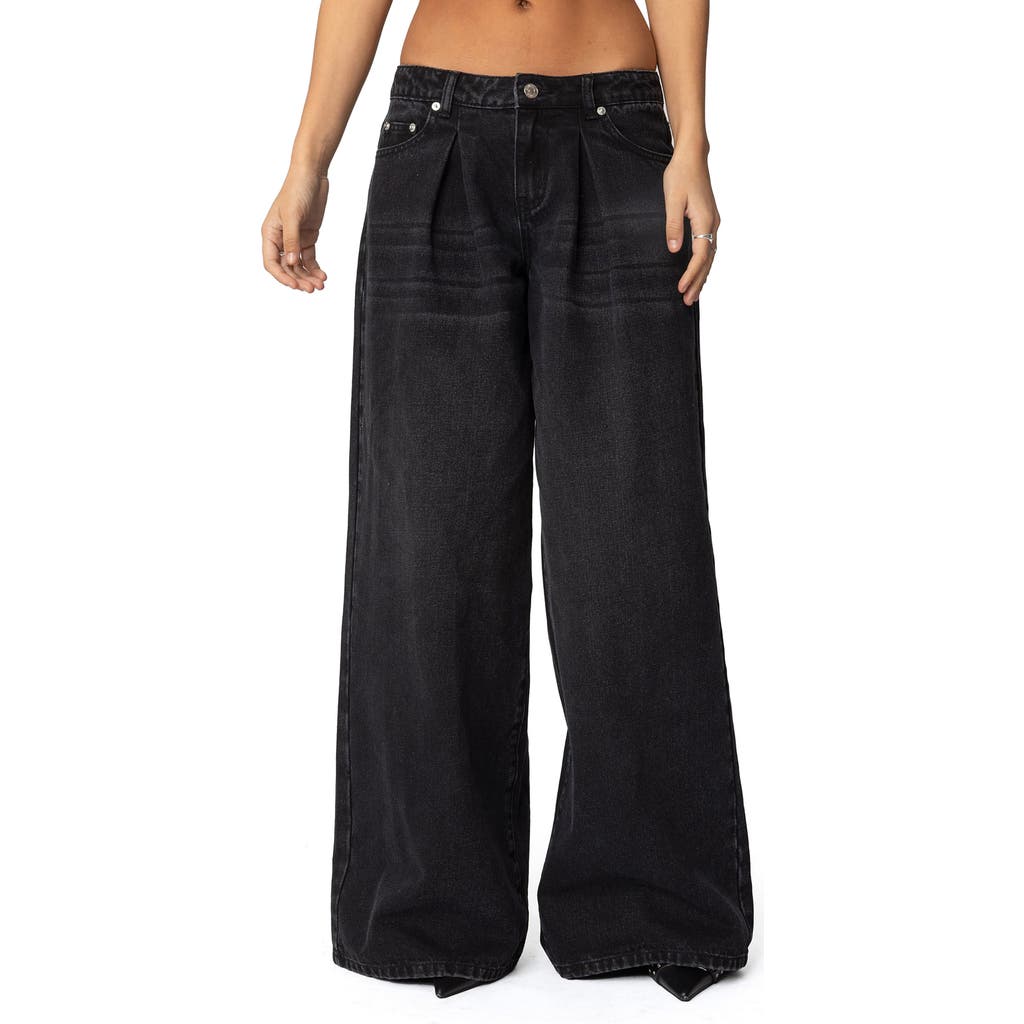 Shop Edikted Pleated Low Rise Wide Leg Jeans In Black