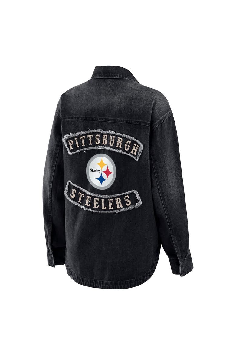 Women's WEAR by Erin Andrews Black Pittsburgh Steelers Washed Oversized Denim Full-Snap Shacket, Alternate, color, Black